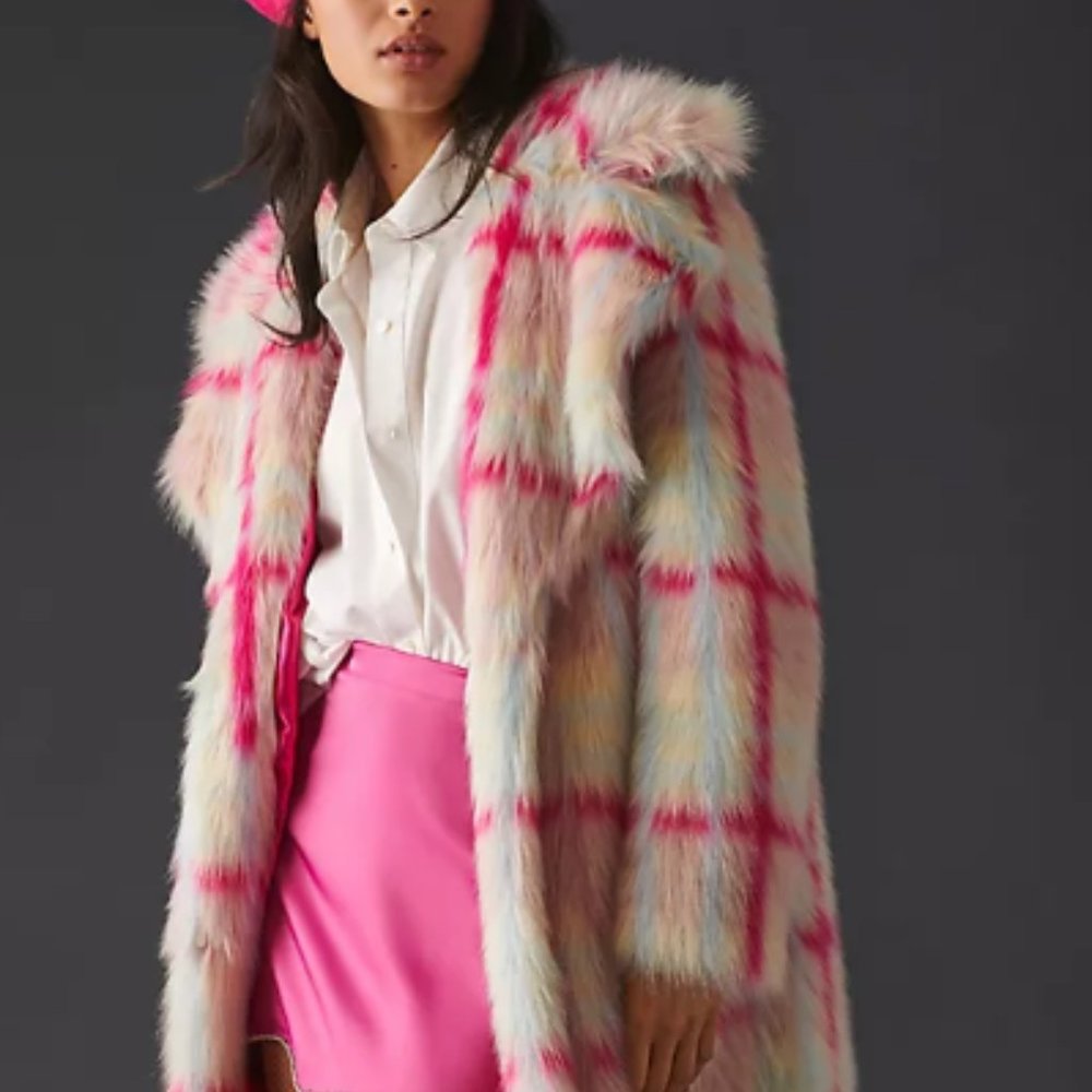 Anthropologie NVLT Faux Fur Long Coat Ping Tartan Fuchsia Plaid S & XL NEW $379